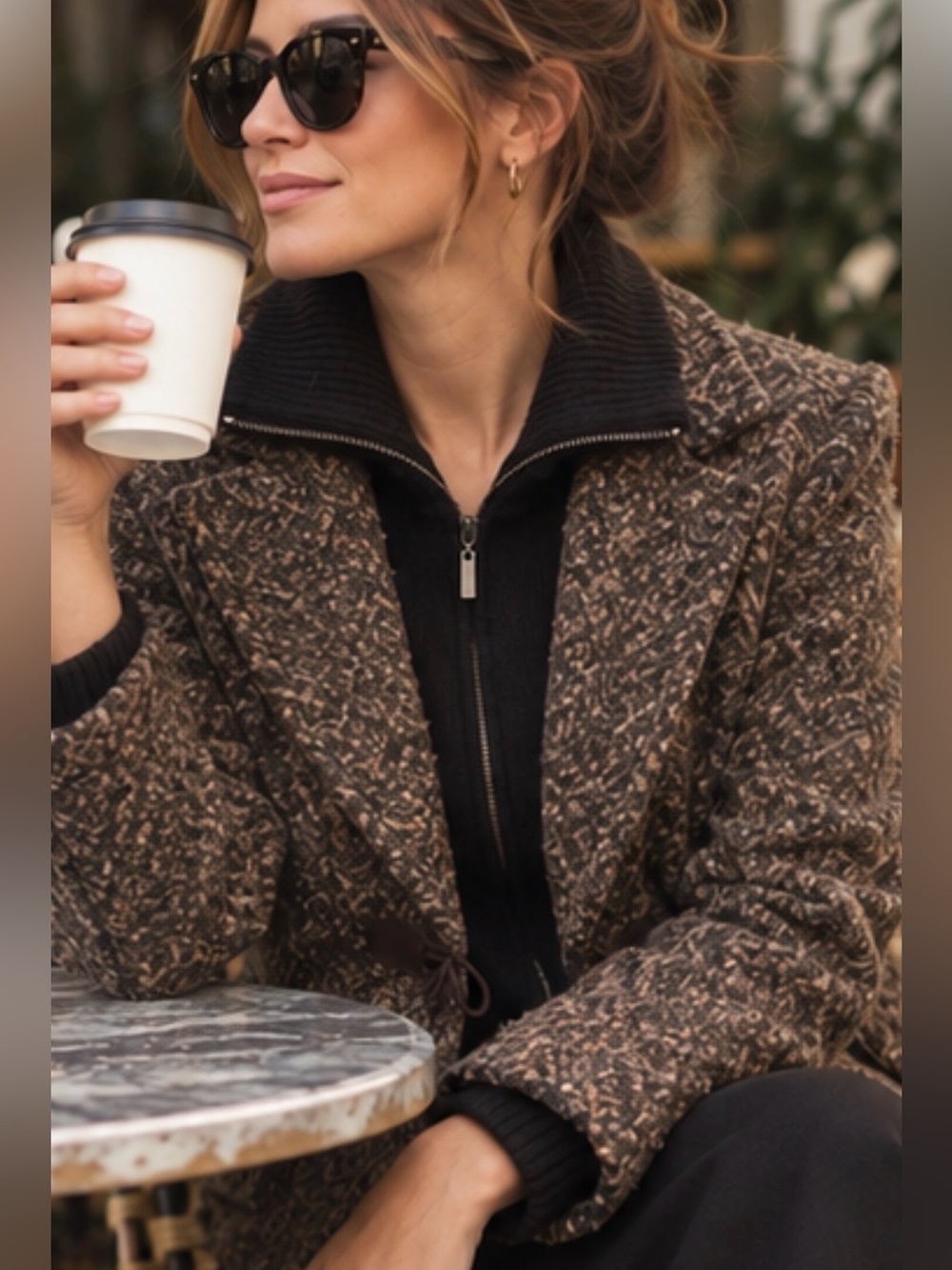Cole Haan Women Brown Tweed Wool Cashmere Mohair Jacket Goat Suede Trim Size 8